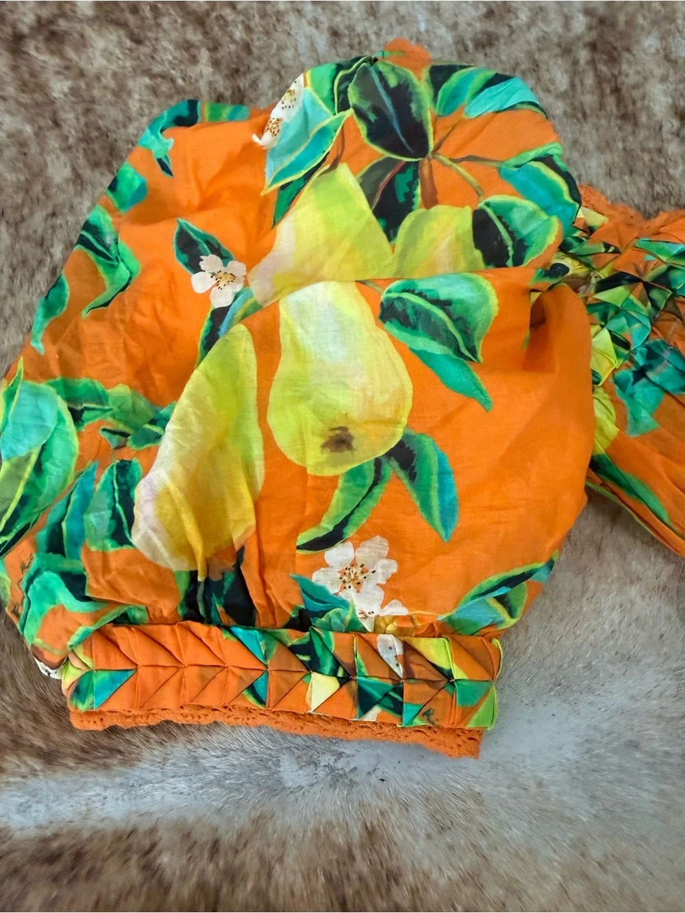 FARM‎ Rio Chic Pears Orange Puff Sleeve Blouse Top Womens Large NWT